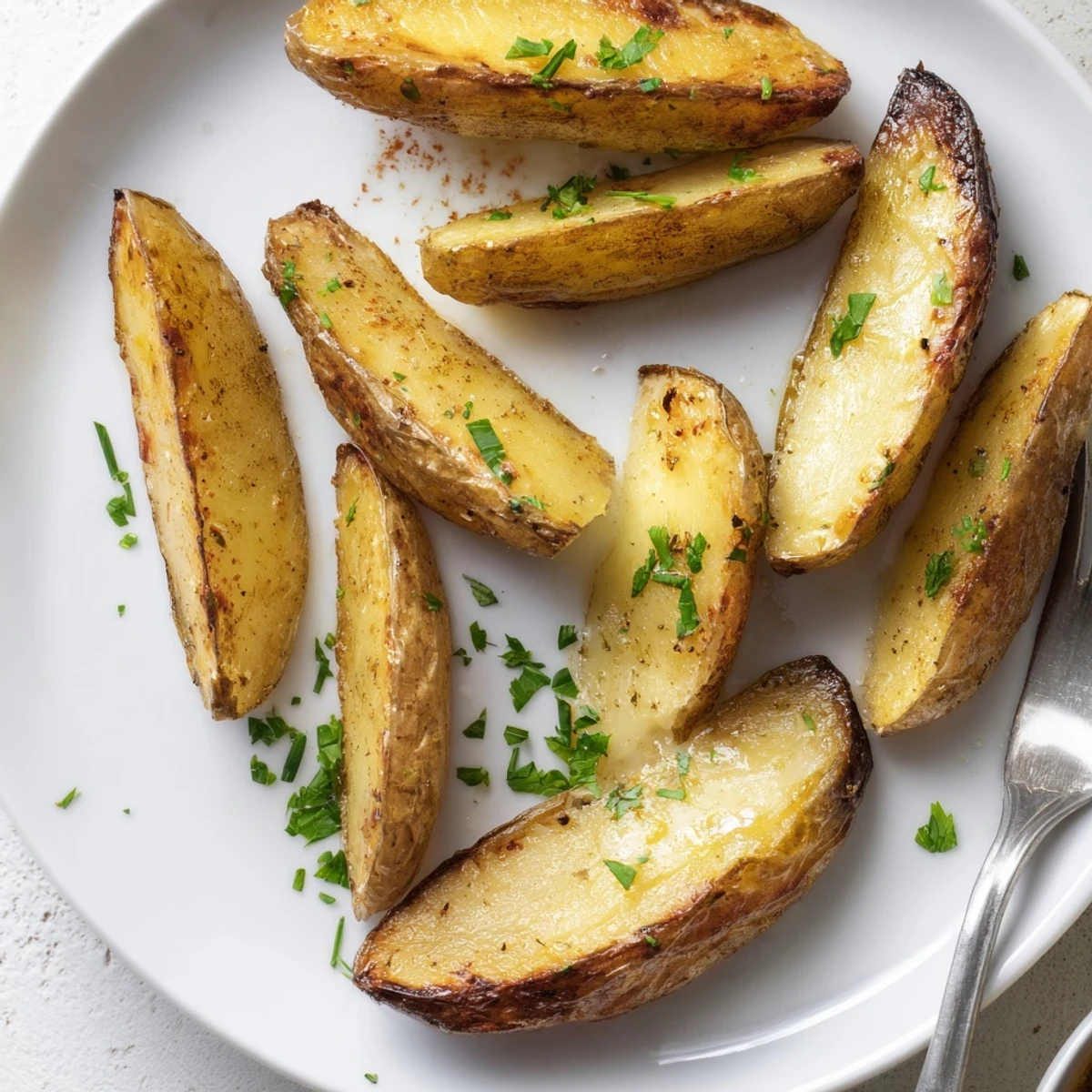 Oven-baked Potato Wedges, crunchy edges and fluffy centers, sprinkled with parsley.
