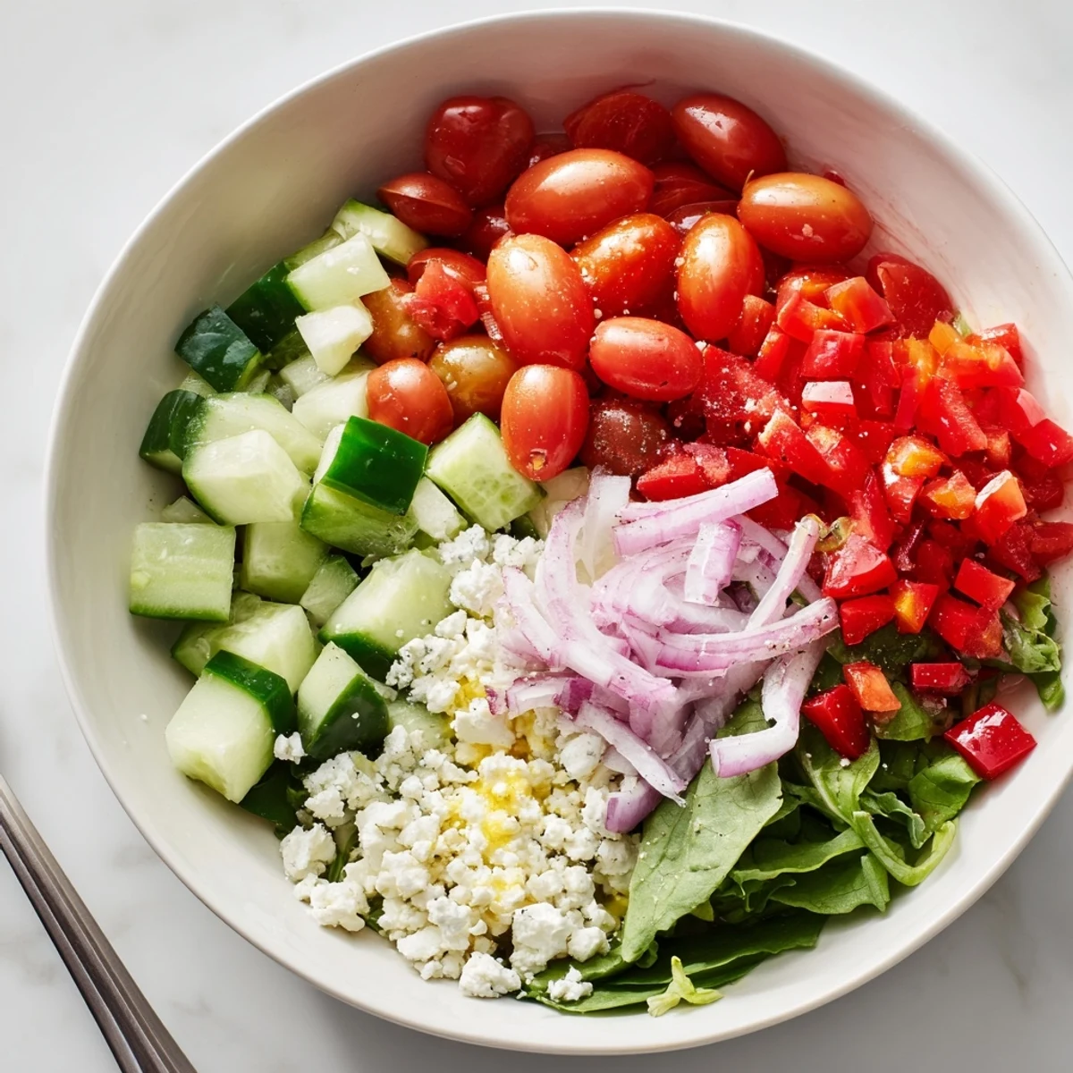 A colorful summer Fresh Salad Recipe topped with crumbled feta and olives.