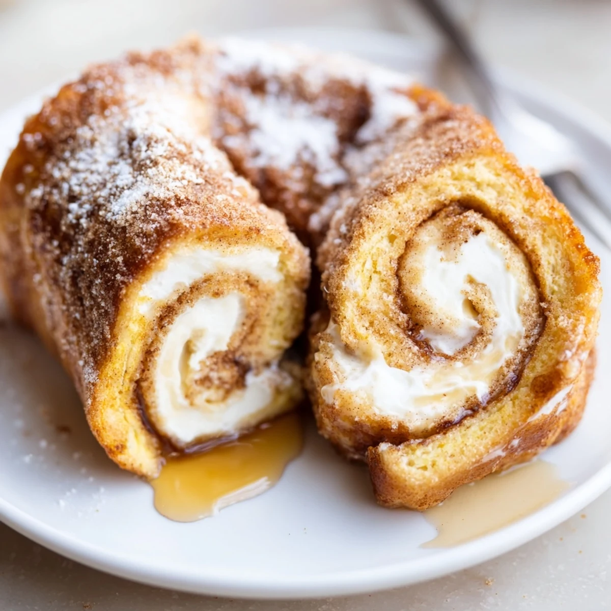 Warm Cinnamon Roll French Toast Roll Ups with gooey cream cheese center.