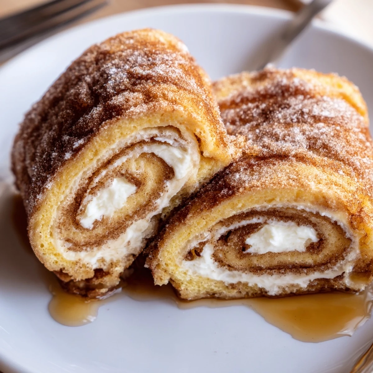 Golden-browned Cinnamon Roll French Toast Roll Ups dusted with cinnamon-sugar, served warm.