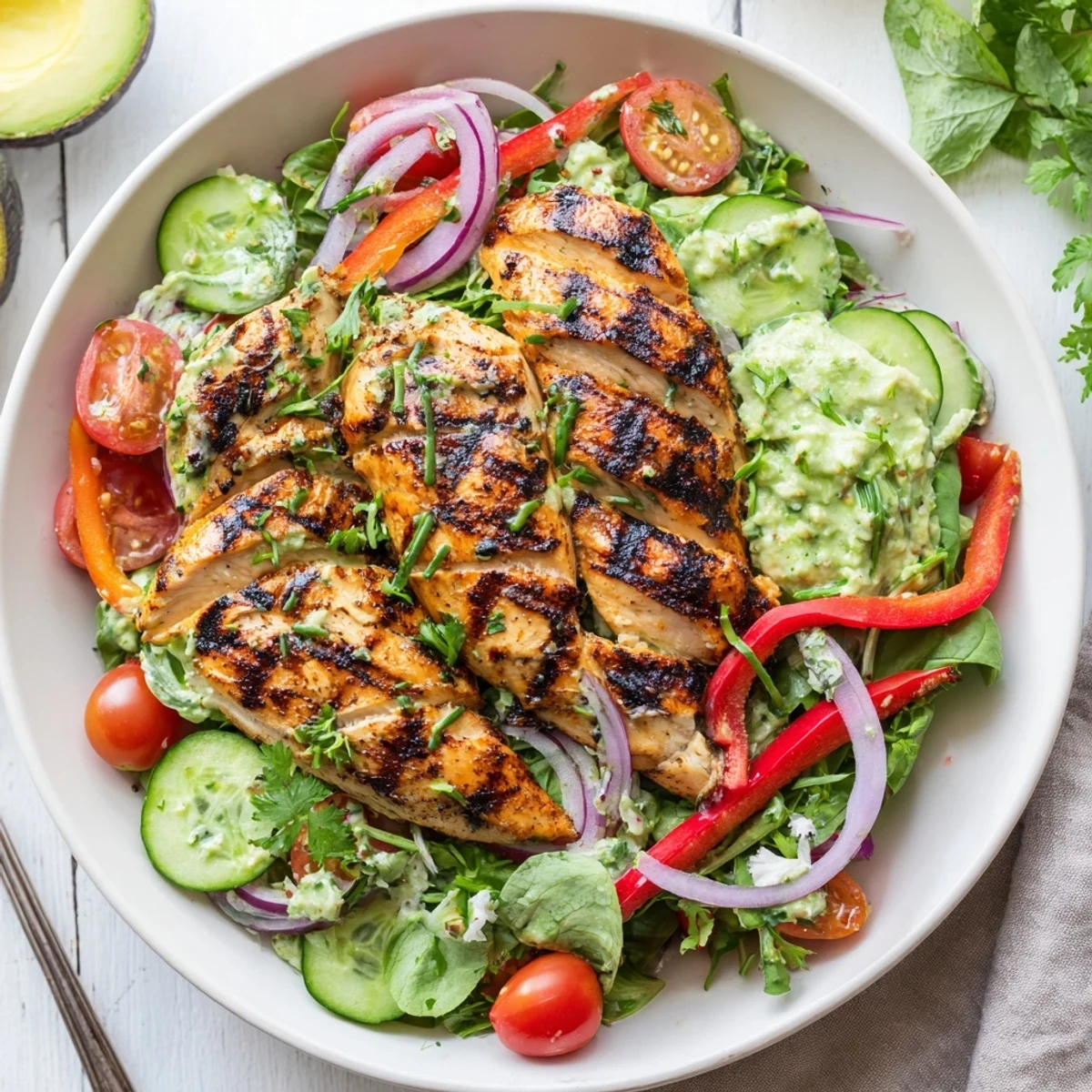 Grilled Chicken Salad Avocado Herb Dressing Recipe with charred chicken and bright lime