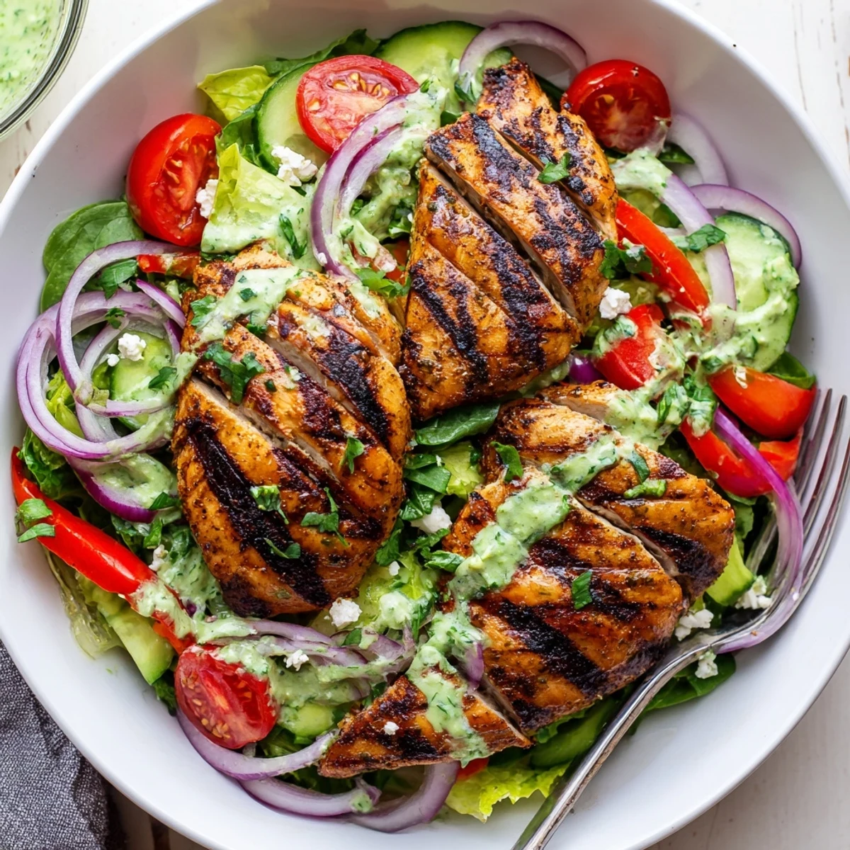 Bowl of Grilled Chicken Salad Avocado Herb Dressing Recipe, crisp greens and tomatoes