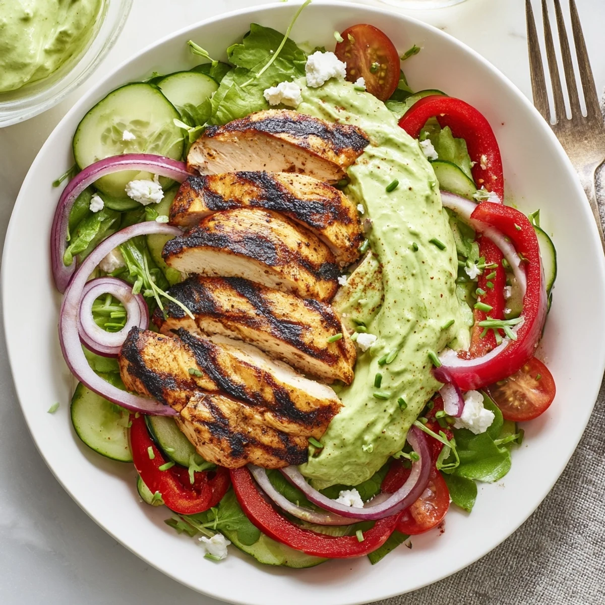 Sliced grilled chicken atop Grilled Chicken Salad Avocado Herb Dressing Recipe, zesty lime