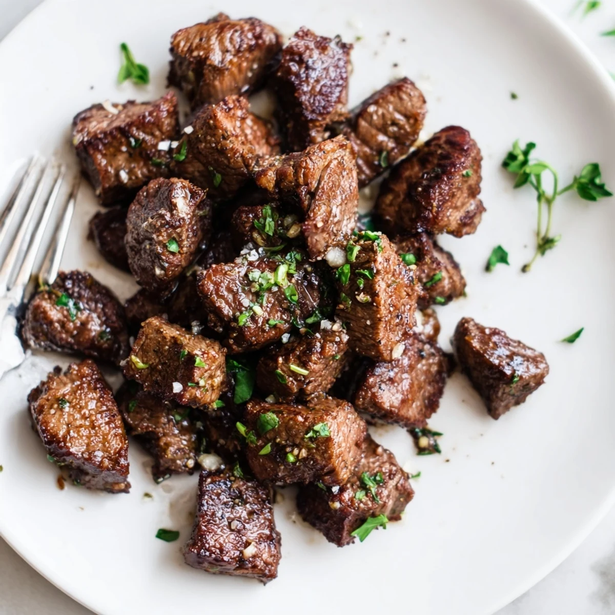 Garlic Butter Steak Bites tossed with parsley, flaky sea salt, served alongside mashed potatoes.