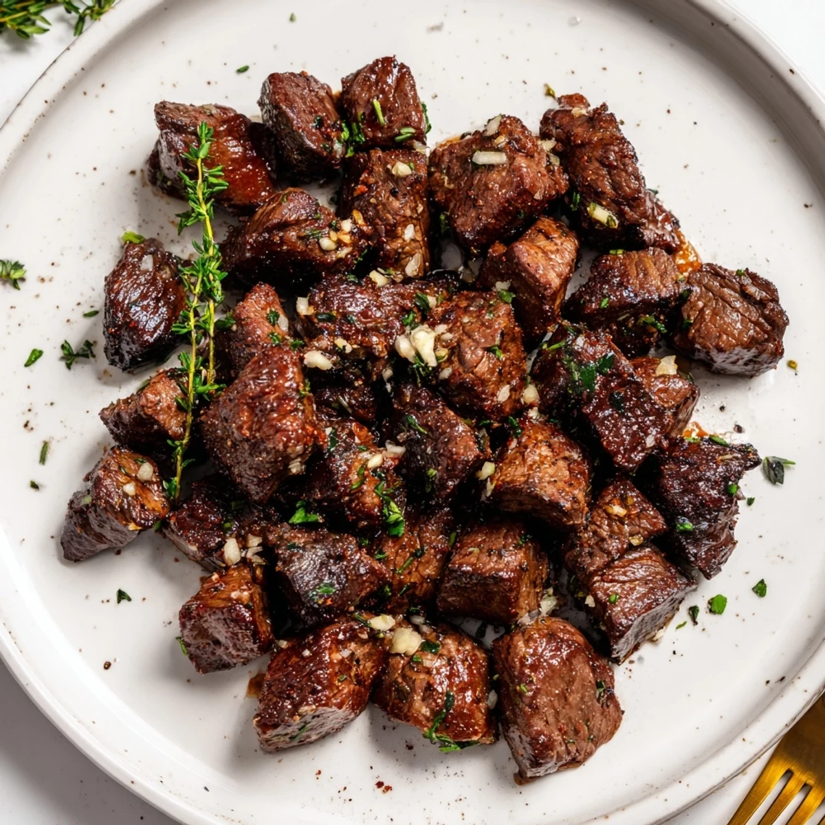 Juicy seared Garlic Butter Steak Bites on a wooden board, crusty bread nearby.