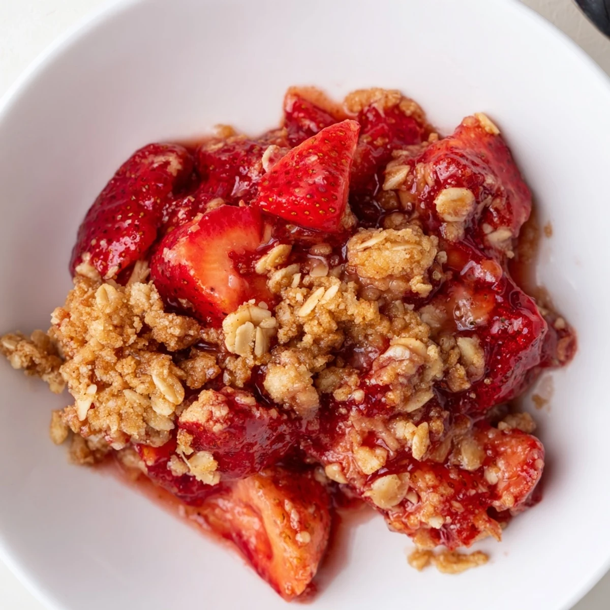Warm Fresh Strawberry Crisp Recipe served with melting vanilla ice cream scoop