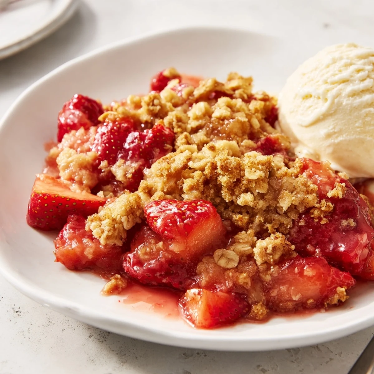 Fresh Strawberry Crisp Recipe with bubbling strawberries and golden, buttery oat topping