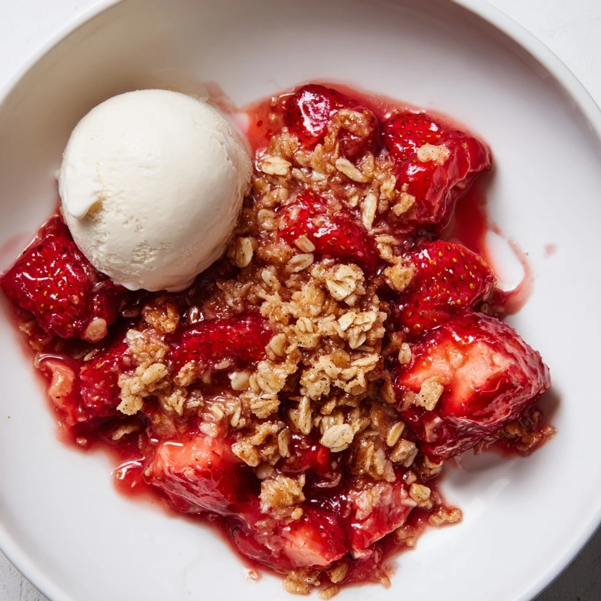 Baked Fresh Strawberry Crisp Recipe cooling in dish, tart-sweet aroma and steam