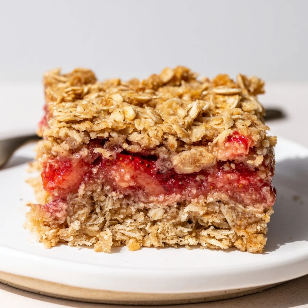Rustic Strawberry Oatmeal Crumble Bars Recipe resting on parchment, berry juices glistening