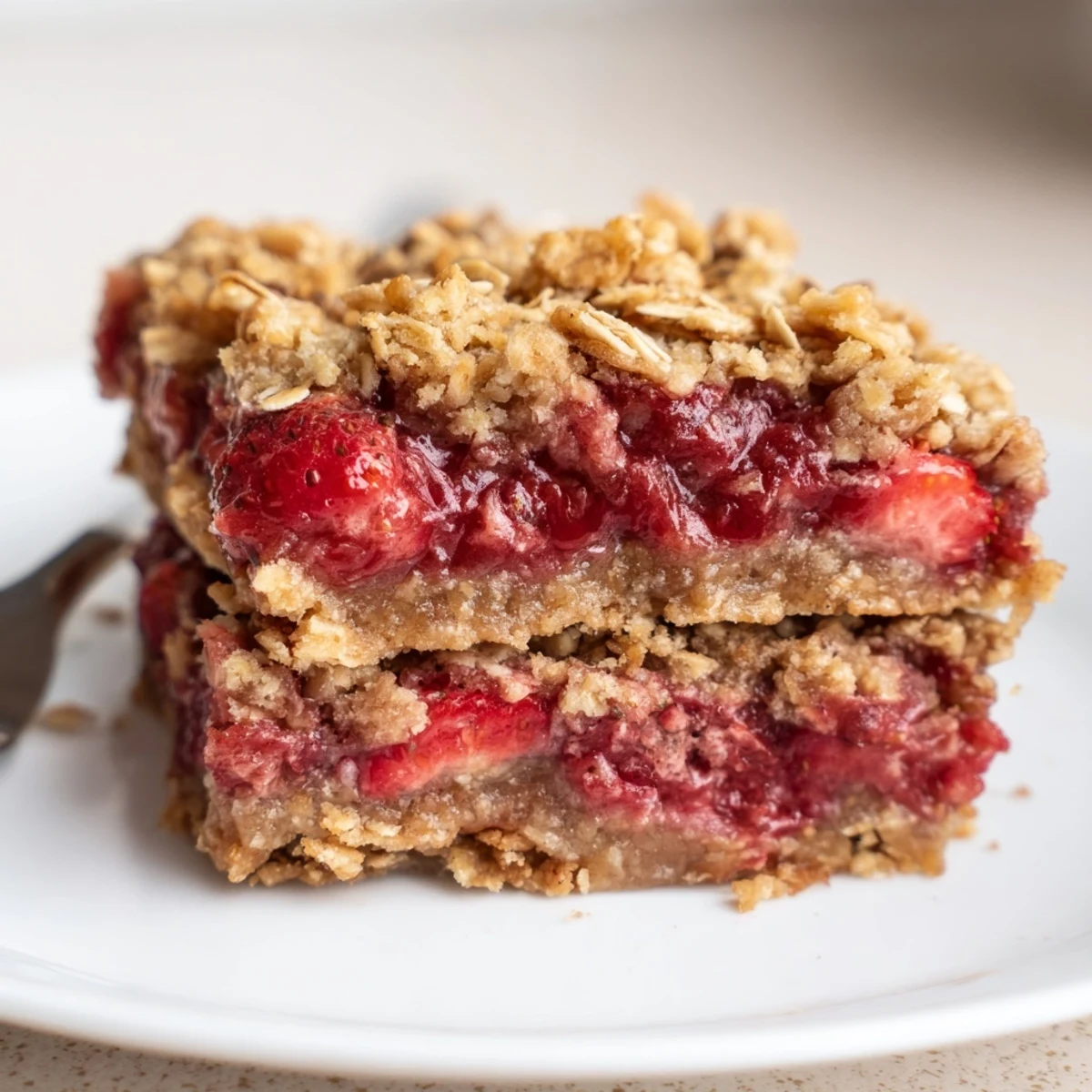 Fork-ready Strawberry Oatmeal Crumble Bars Recipe served with melting vanilla ice cream