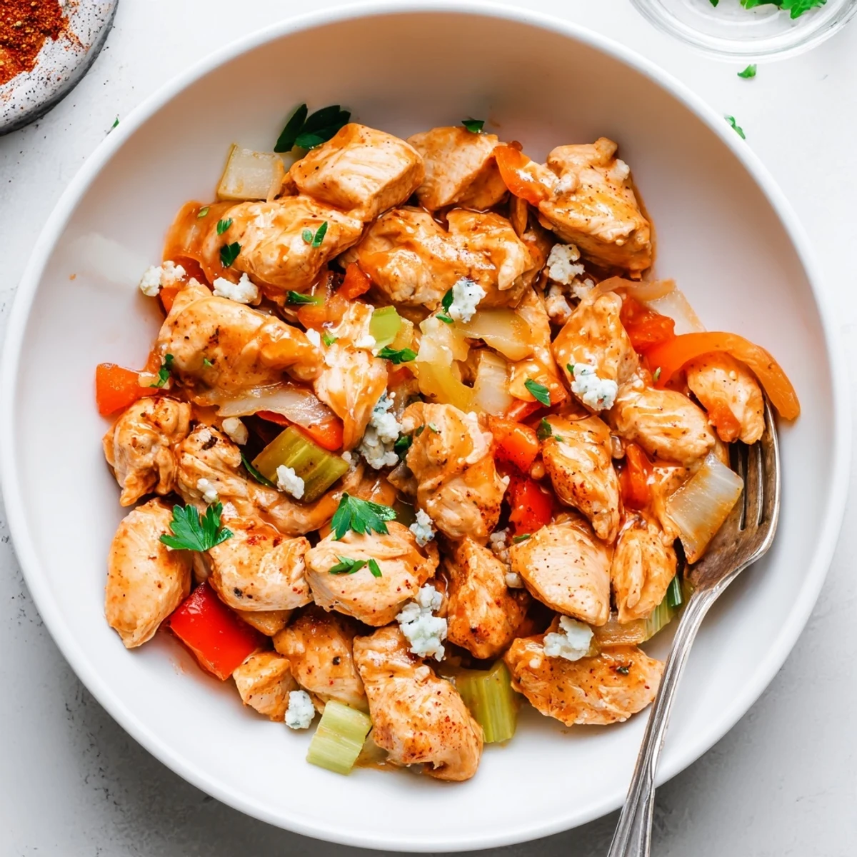 Creamy Keto Buffalo Chicken Skillet sizzling in pan with melted mozzarella, parsley