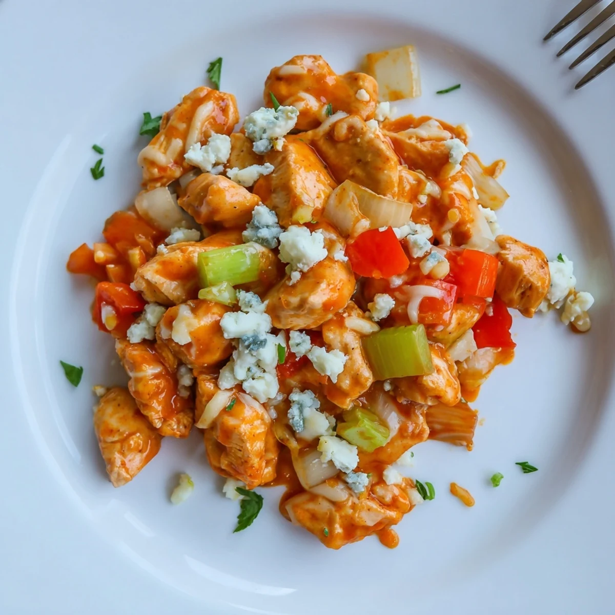 Spicy Keto Buffalo Chicken Skillet served over cauliflower rice, tangy blue cheese