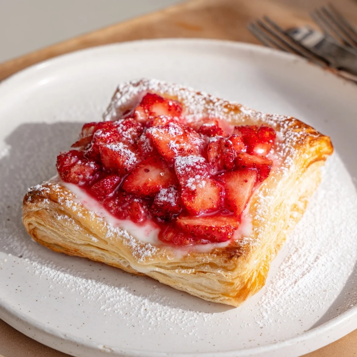 Strawberry Danish Recipe with flaky golden pastry, cream cheese, fresh strawberries.