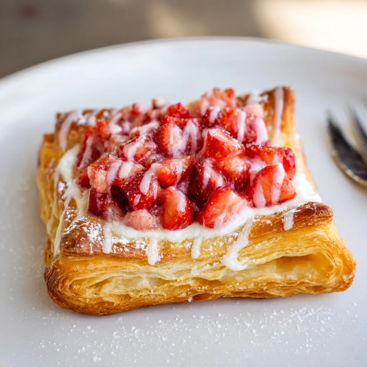 Just-baked Strawberry Danish Recipe cooling on rack, pillowy layers and tangy filling.