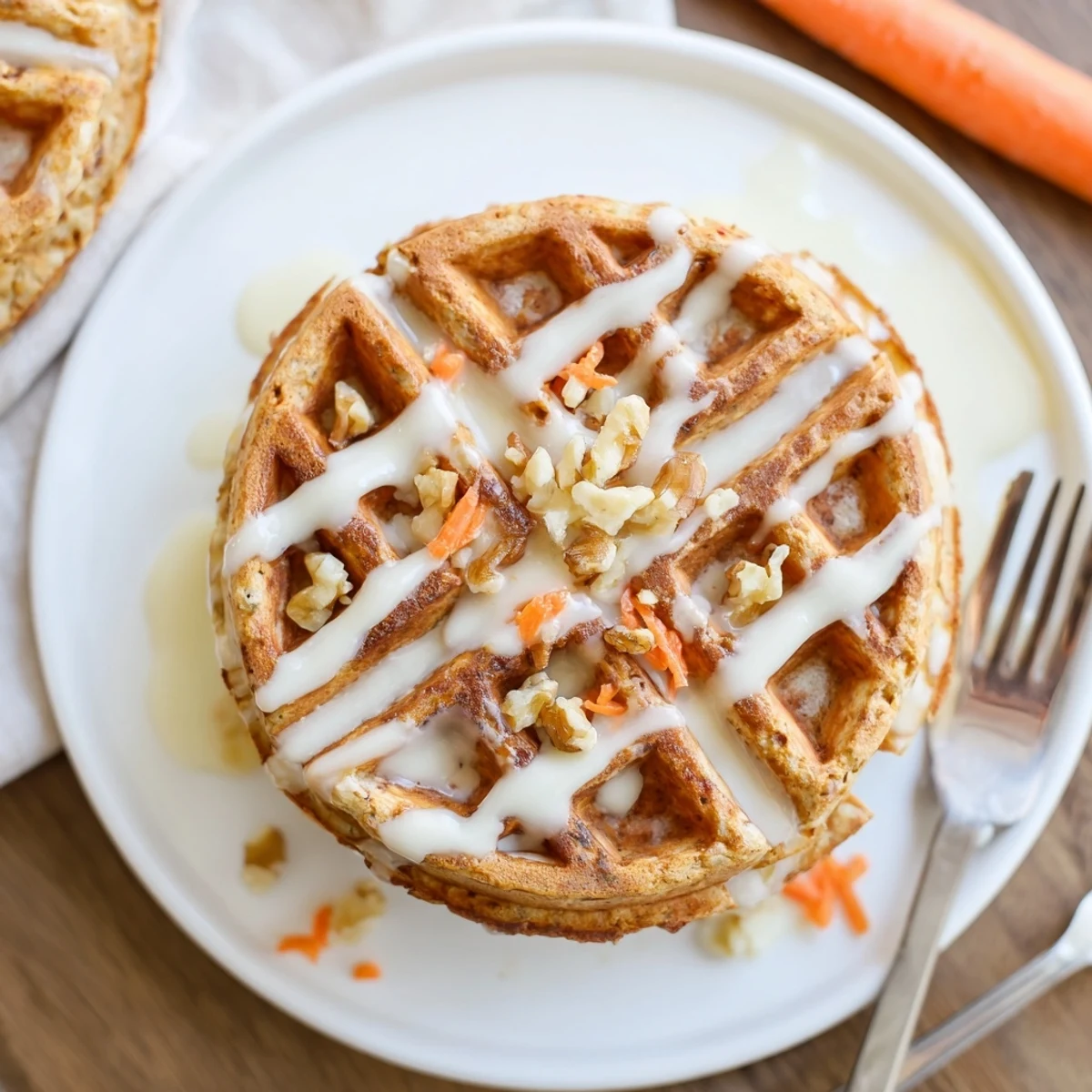 Warm Carrot Cake Waffles topped with cream cheese glaze and toasted pecans