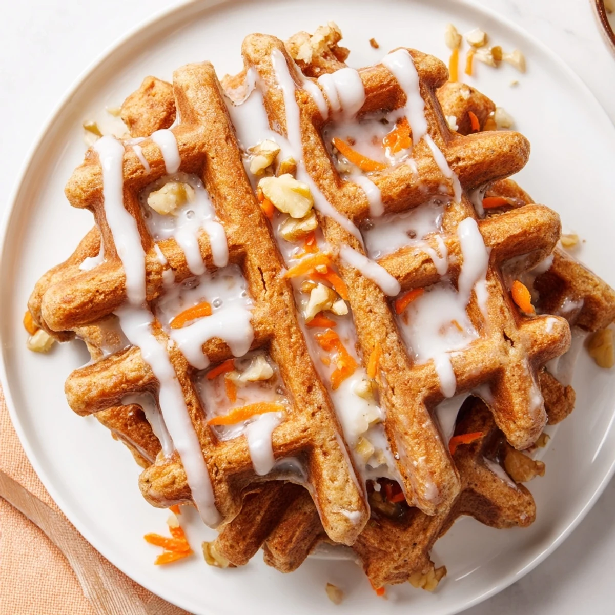 Stack of golden Carrot Cake Waffles speckled with grated carrots and cinnamon