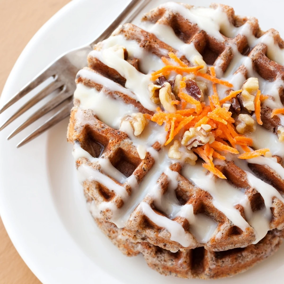 Freshly made Carrot Cake Waffles with crisp edges and maple syrup drizzle
