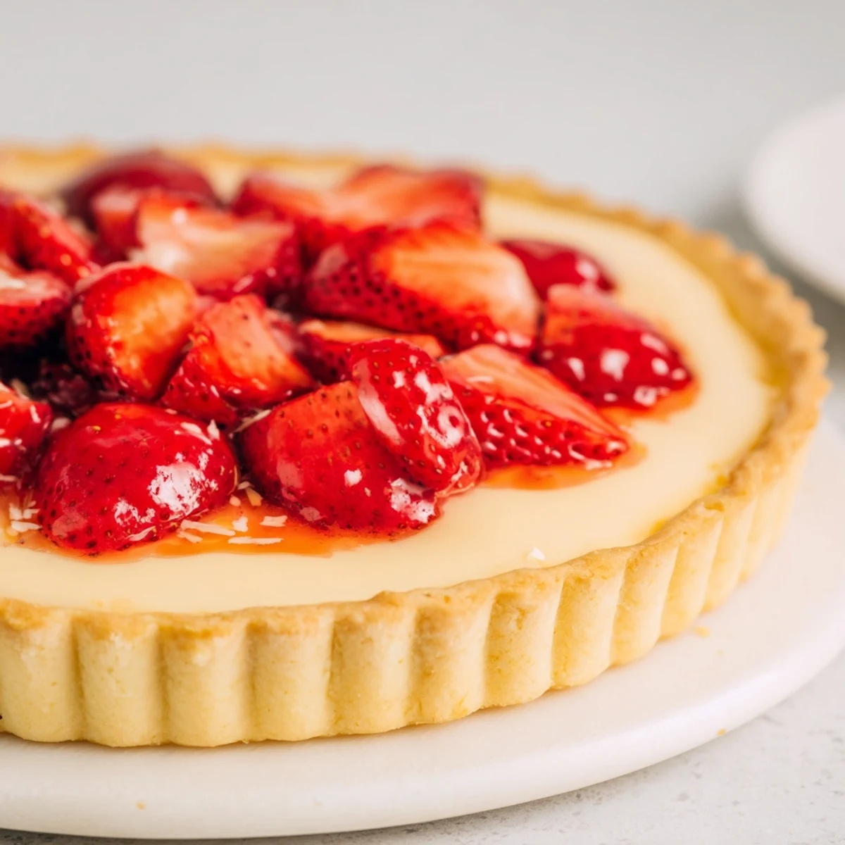 Homemade Tarte aux Fraises on golden buttery tart crust, brushed with apricot glaze