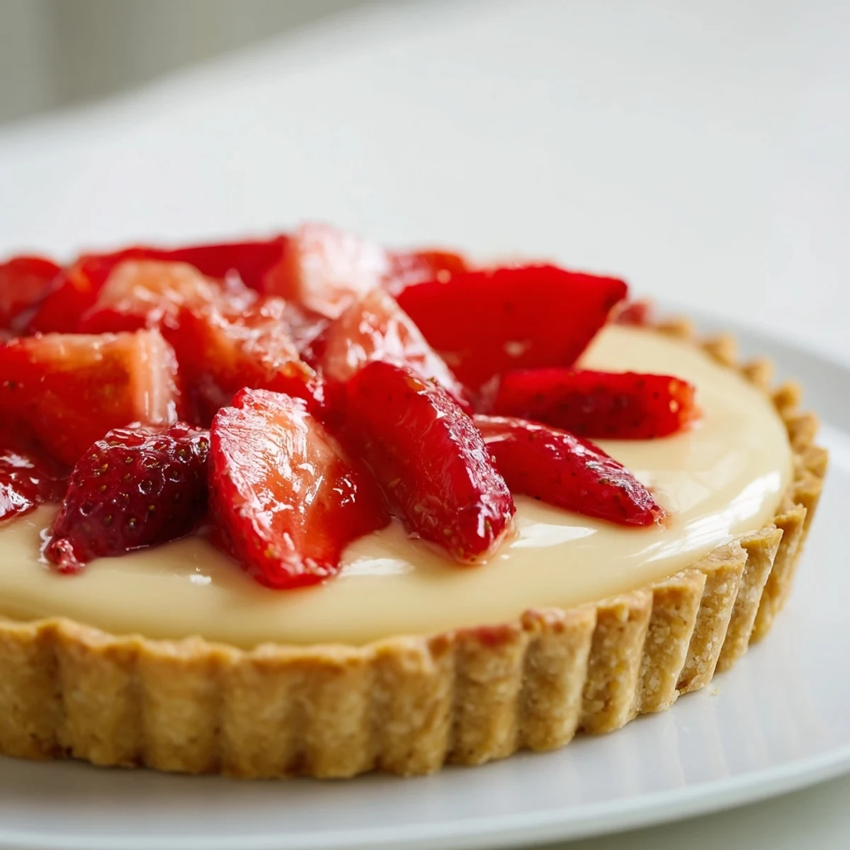 Sliced Tarte aux Fraises arranged in concentric rings, chilled and ready to serve
