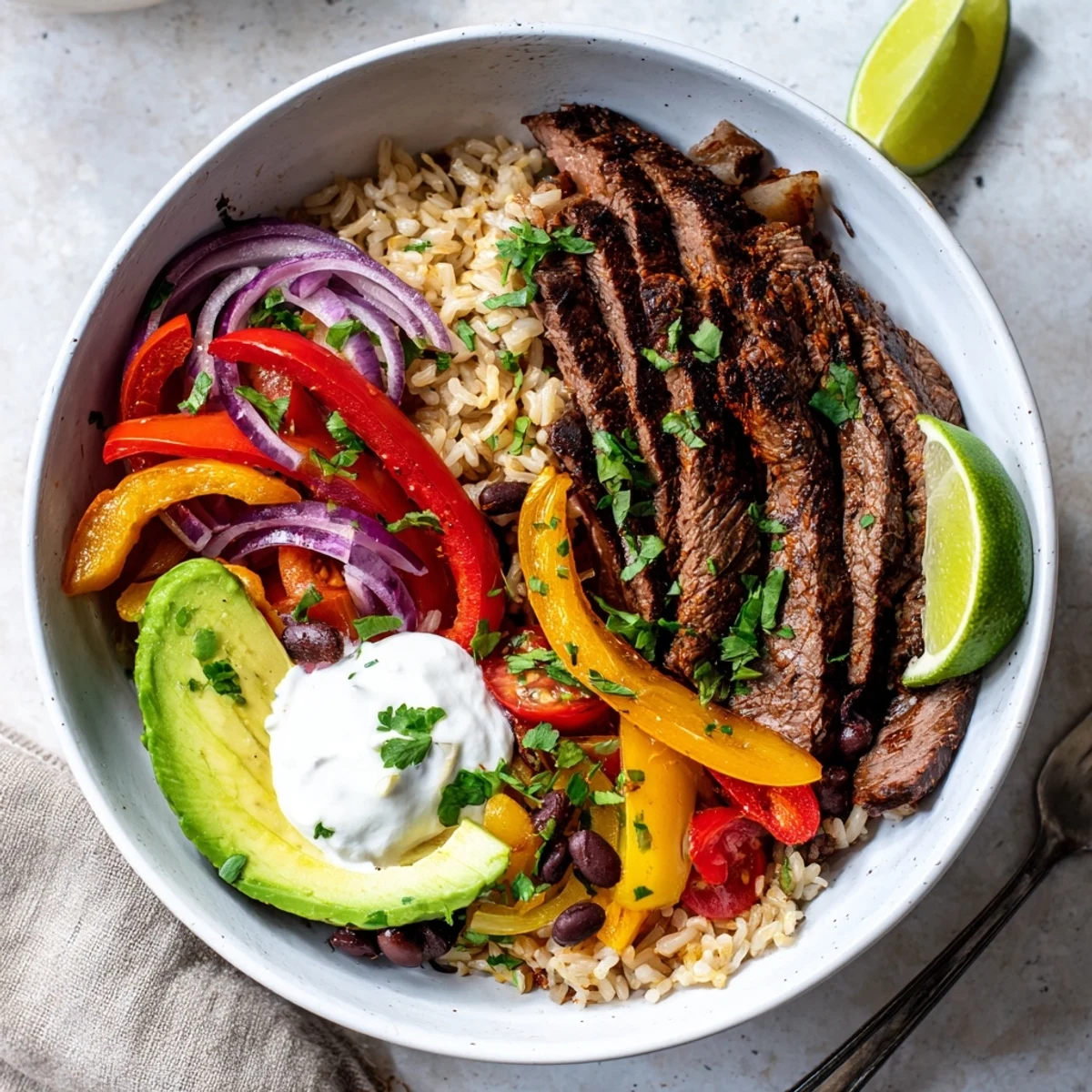 Steak Fajita Power Bowls with sizzling marinated steak, vibrant peppers, creamy avocado.