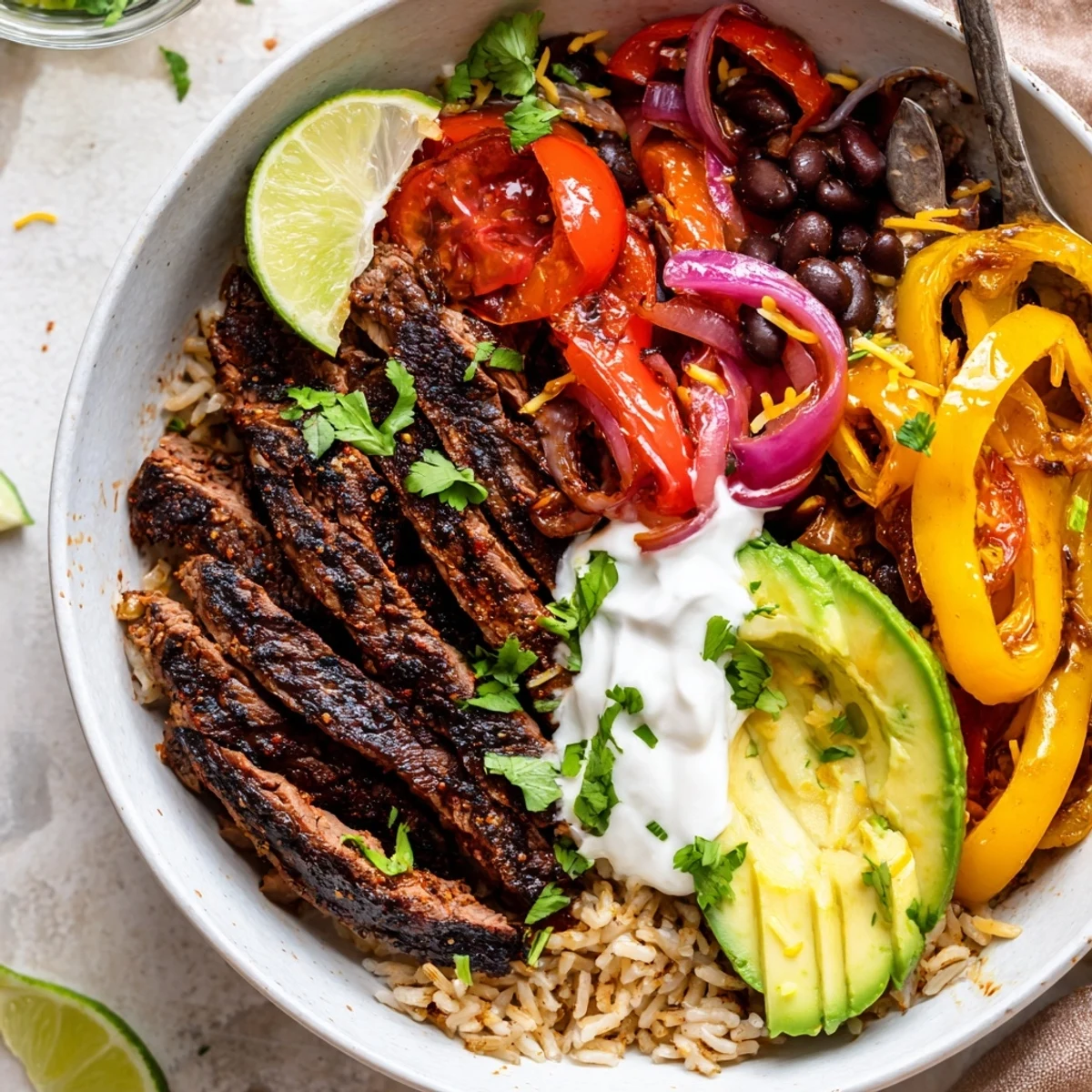 Steak Fajita Power Bowls layered over warm brown rice, zesty lime wedges.