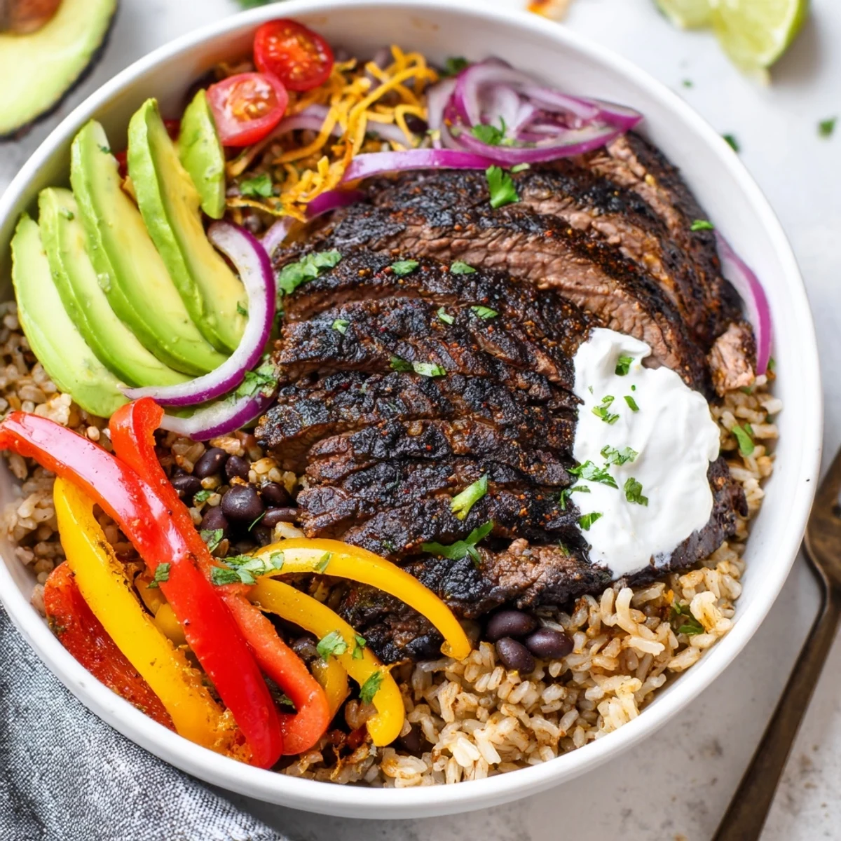 Steak Fajita Power Bowls topped with smoky seared steak, melting cheddar, cilantro.