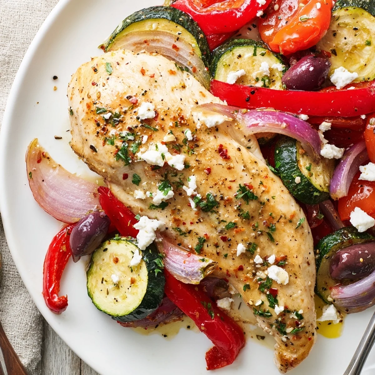 Roasted Sheet Pan Mediterranean Chicken Zucchini nestled among olives, tomatoes, and crumbled feta