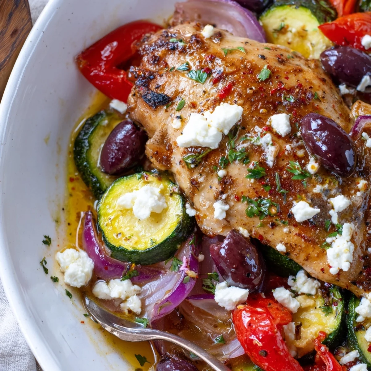 Sheet Pan Mediterranean Chicken Zucchini sizzling with golden vegetables and lemony aroma