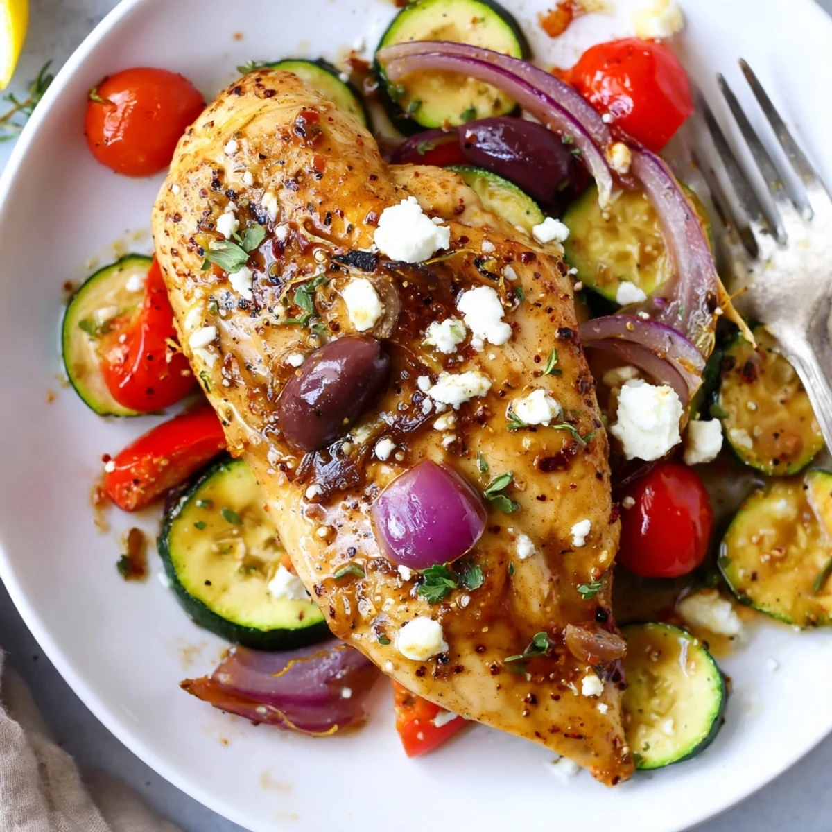 Weeknight Sheet Pan Mediterranean Chicken Zucchini served hot with crusty pita and chopped parsley