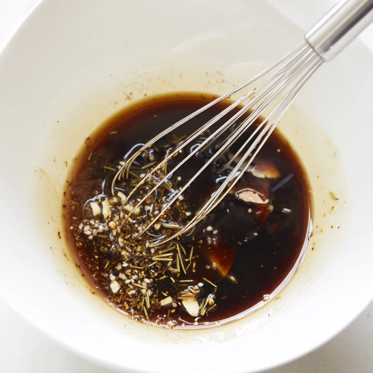 Steak Marinade glistening over raw ribeyes, garlic aroma and lemon zest.