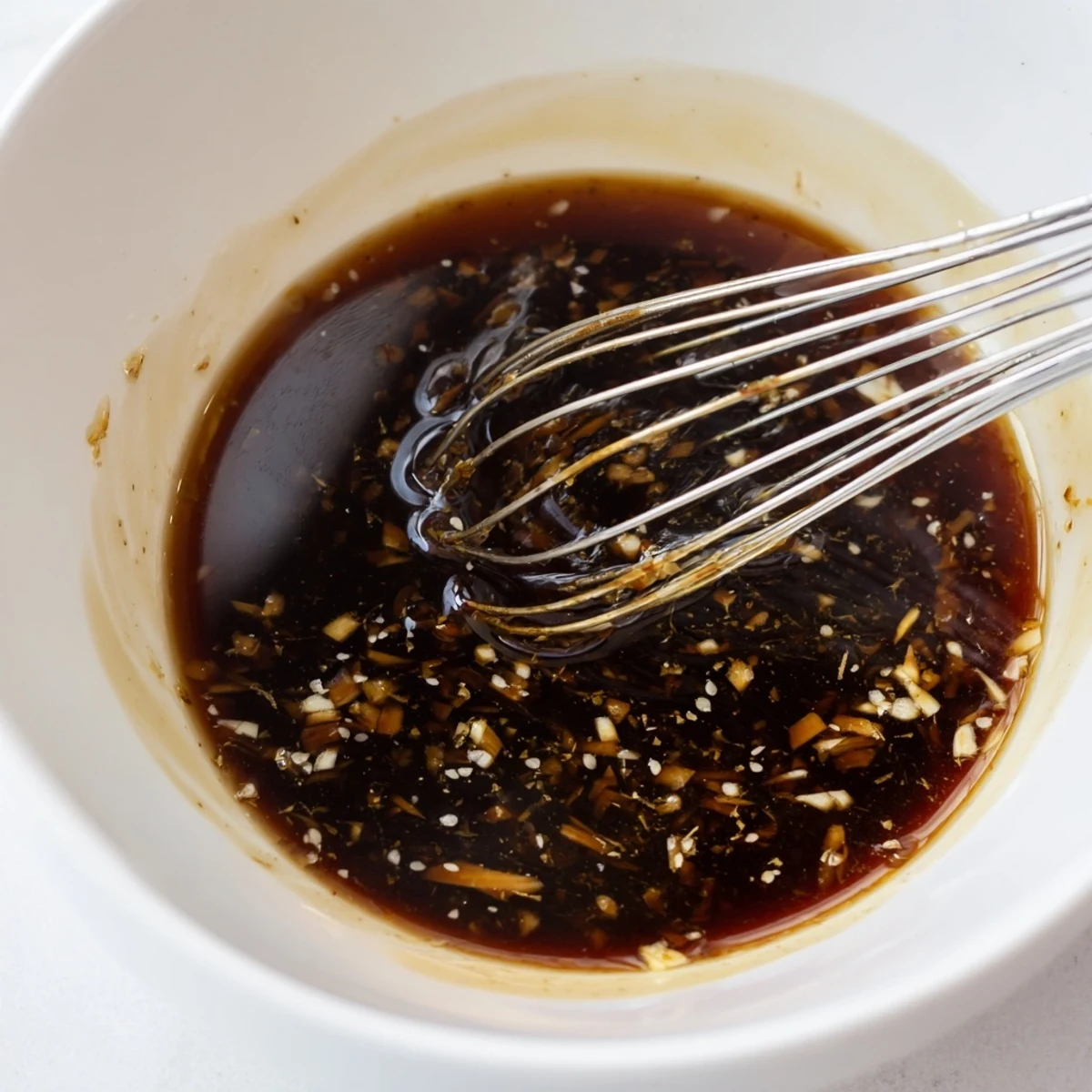Chilled Steak Marinade in a bowl, soy and balsamic sheen, rosemary flecks.