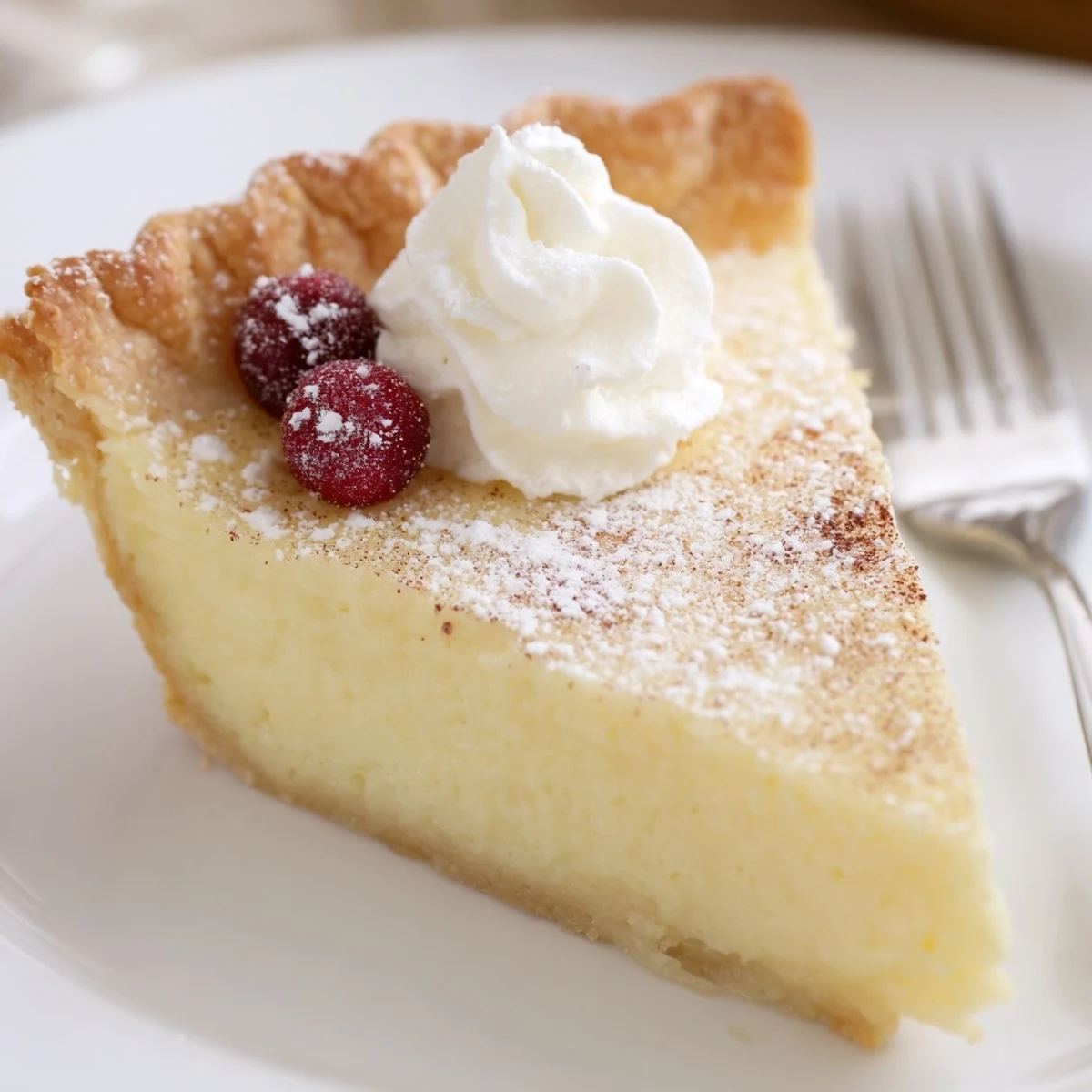 Close up slice of Christmas Eve Custard Pie With Cinnamon Vanilla, velvety wobbly center  