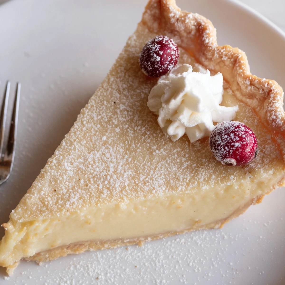 Christmas Eve Custard Pie With Cinnamon Vanilla served with whipped cream and cranberries