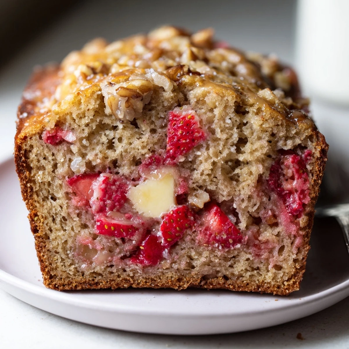 Warm sliced Strawberry Banana Bread Recipe on a wire rack, steam rising.