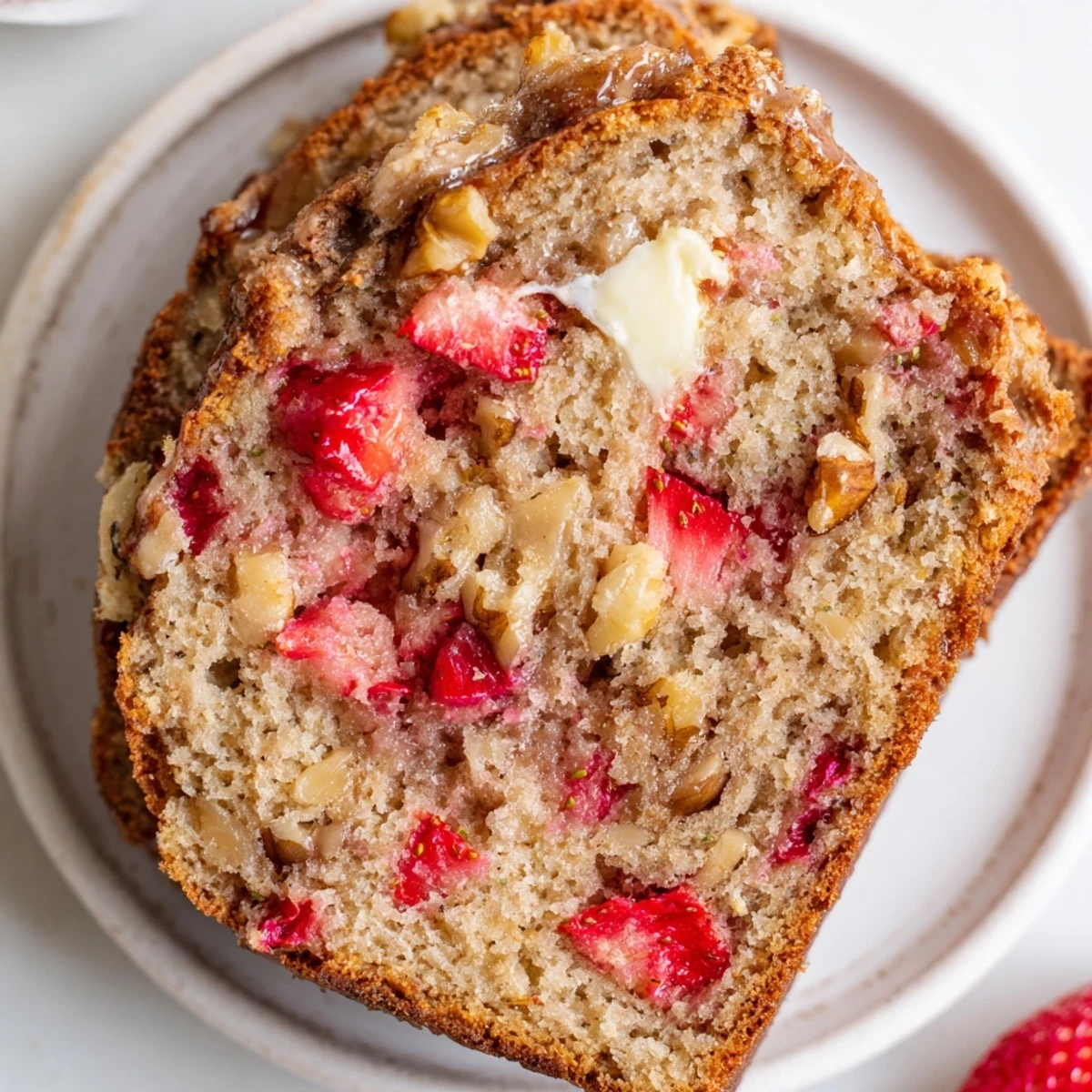 Moist, berry-studded Strawberry Banana Bread Recipe served warm with melting butter.