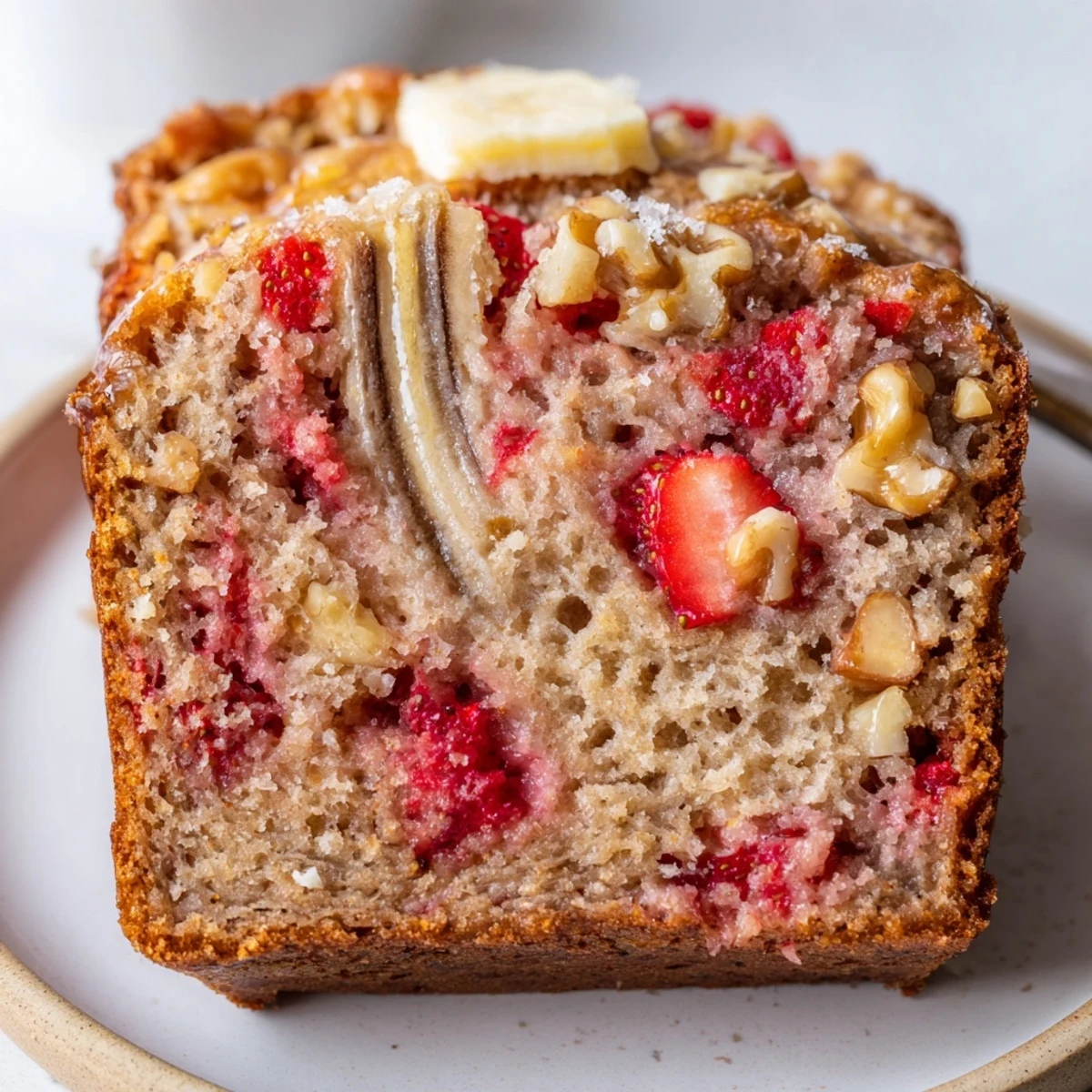 Golden-crusted Strawberry Banana Bread Recipe cooling in pan, sweet strawberry aroma.