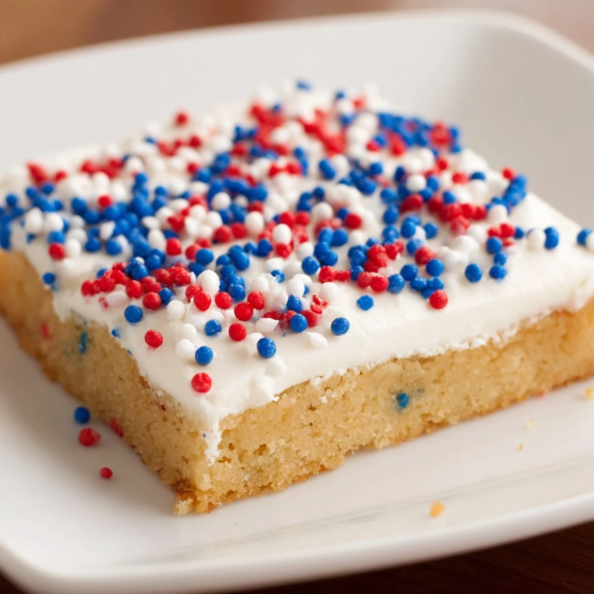 Patriotic 4th of July sugar cookie bars cut into squares with buttercream frosting and festive sprinkles