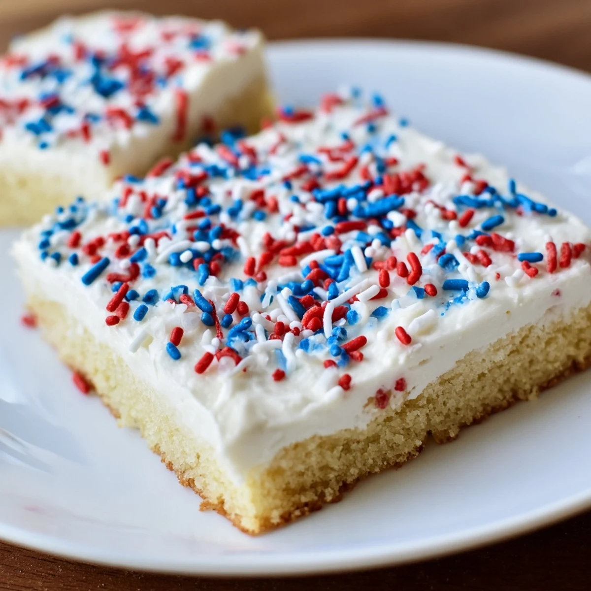 Batch of soft baked 4th of July sugar cookie bars with white frosting and colorful patriotic sprinkles