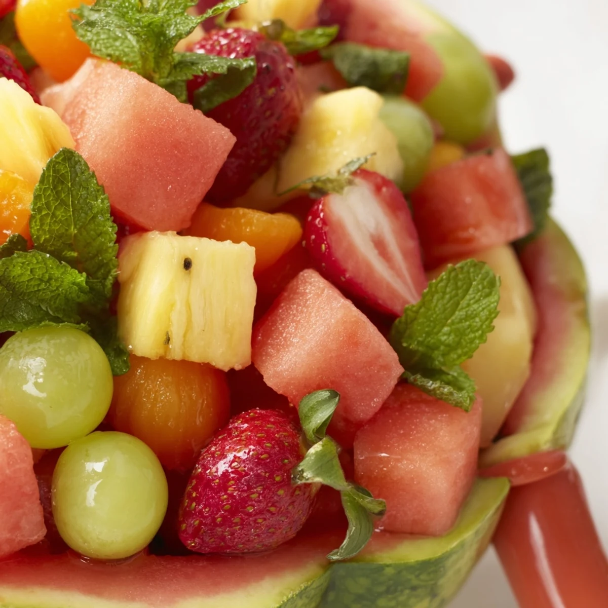 Carved watermelon basket displaying vibrant mixed fruit salad drizzled with citrus honey mint dressing