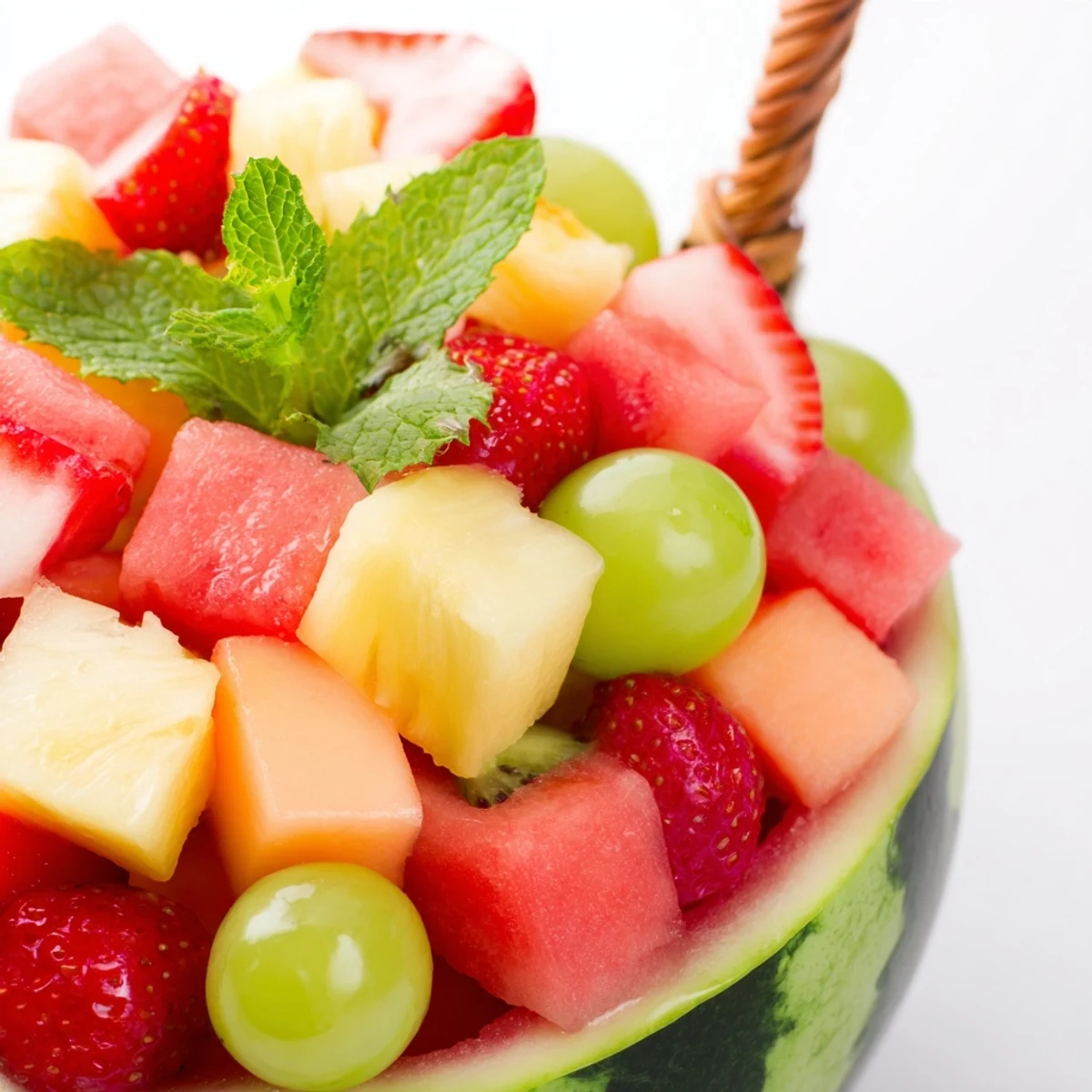 Colorful watermelon basket fruit salad overflowing with fresh melon balls and juicy summer berries