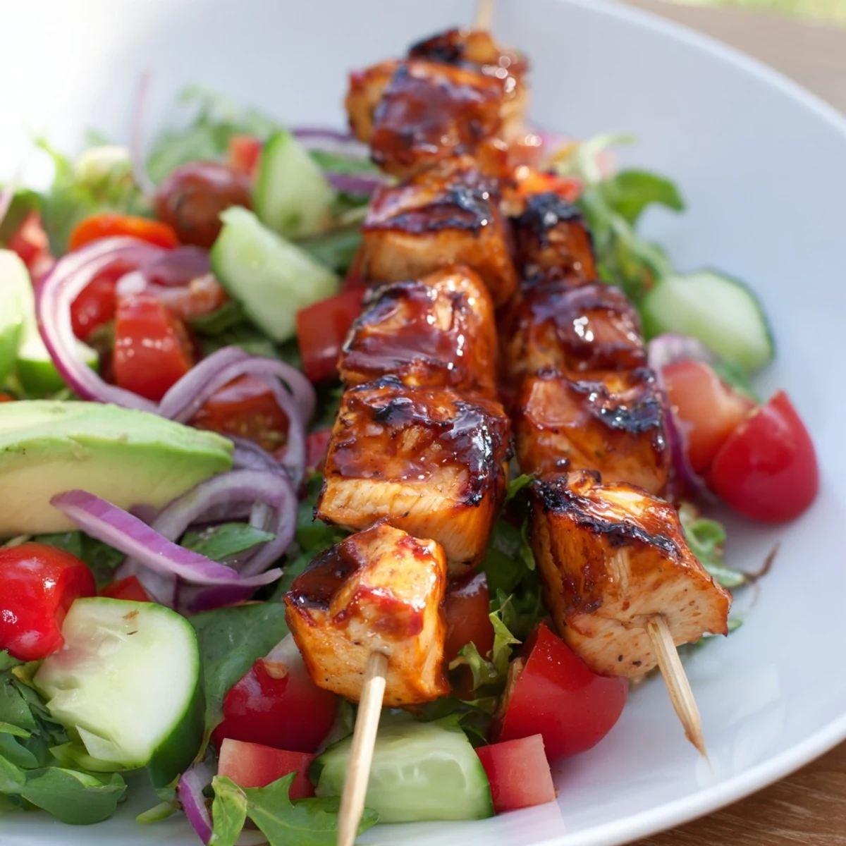 Golden BBQ chicken skewers rest over crisp mixed greens with colorful vegetables in this vibrant salad bowl