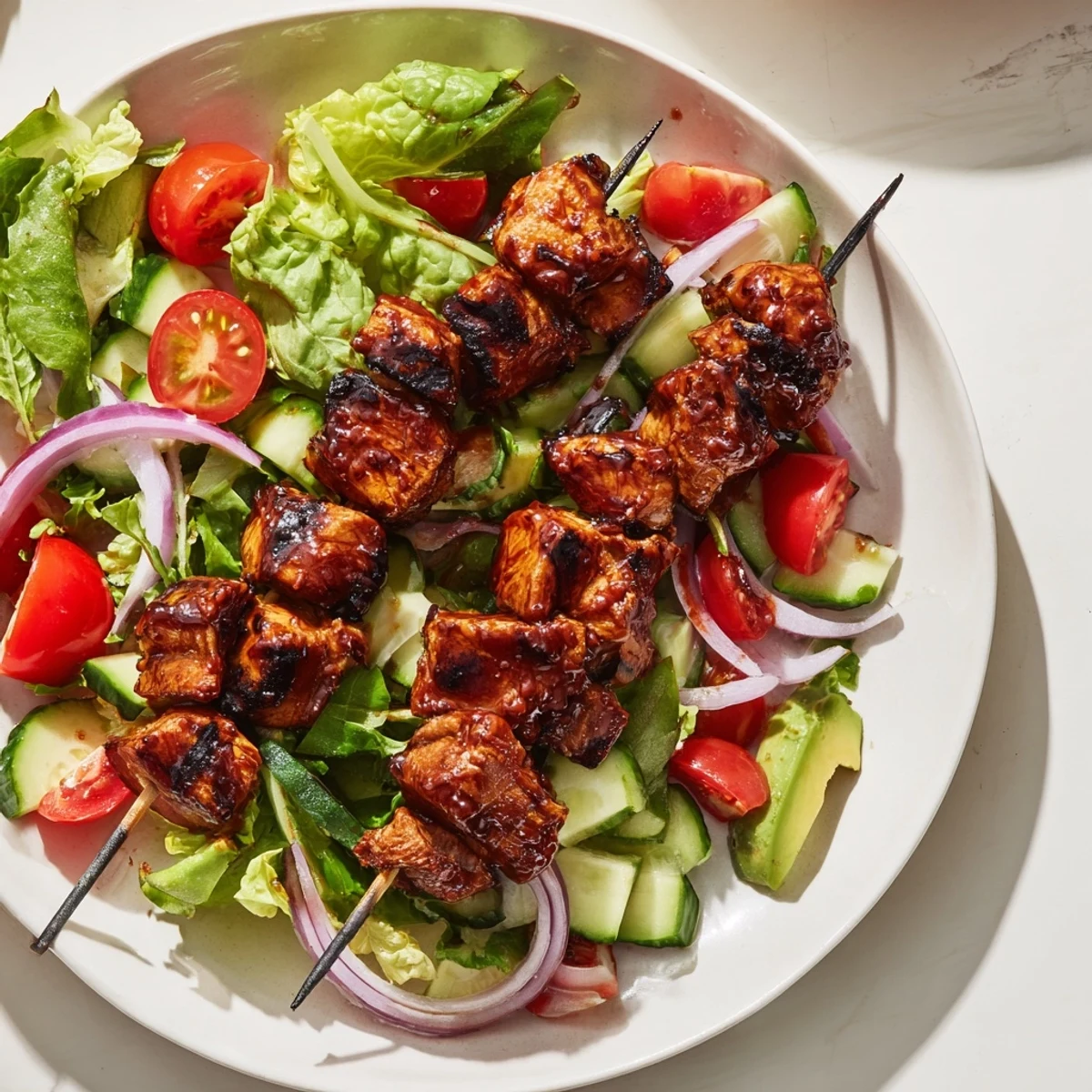 Charred grilled chicken skewers atop fresh romaine, cherry tomatoes, avocado, and tangy lemon dressing