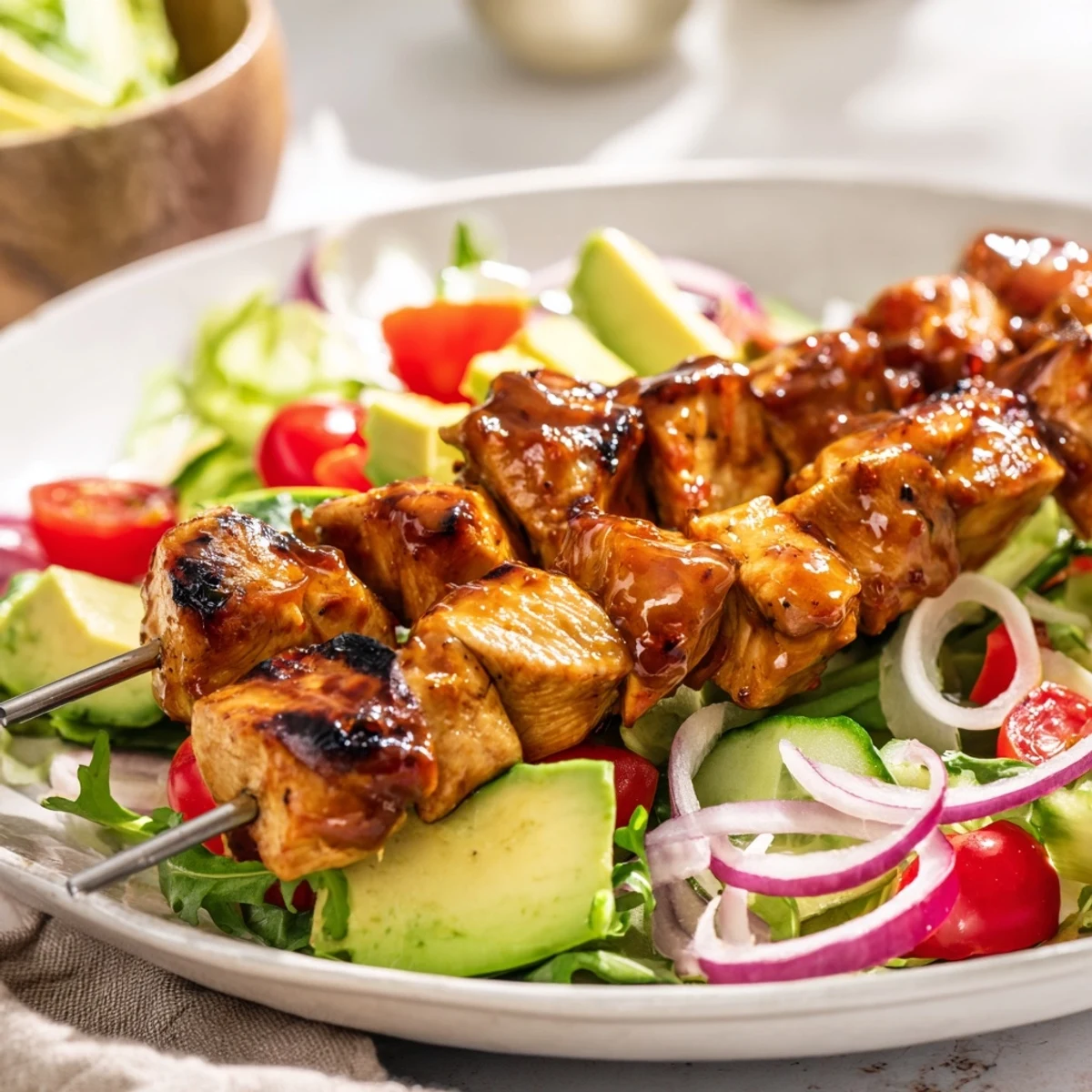 Smoky BBQ chicken on wooden skewers arranged over summer salad with red peppers and cucumber slices