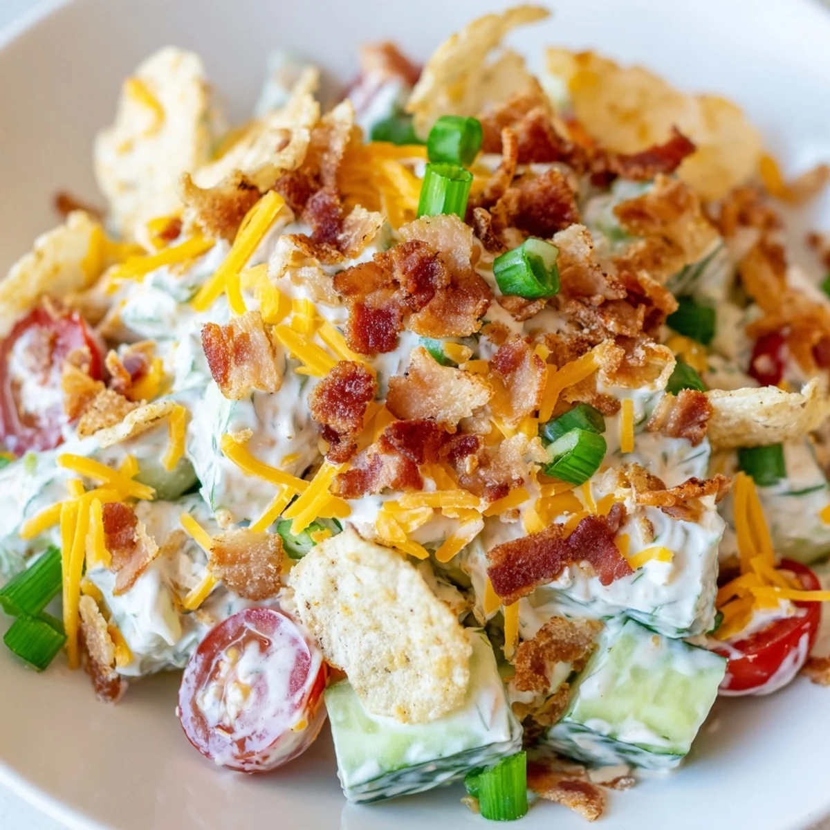 Fresh cucumber ranch crack salad layered with crispy bacon, cheddar cheese, and creamy dressing