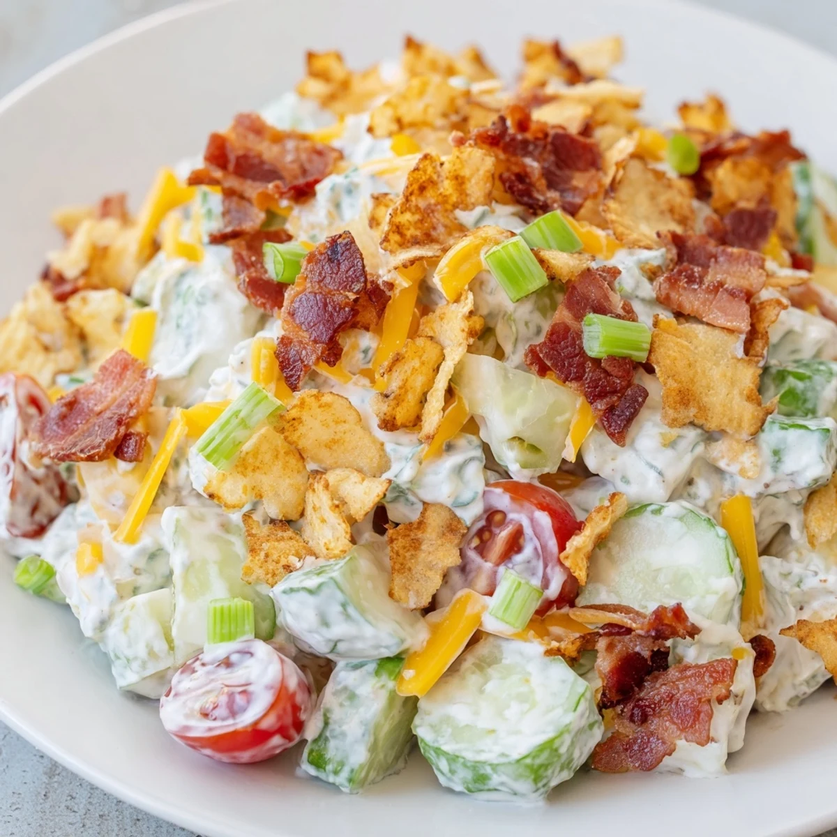 Summer cucumber ranch crack salad featuring green onions, tomatoes, and tangy creamy ranch coating