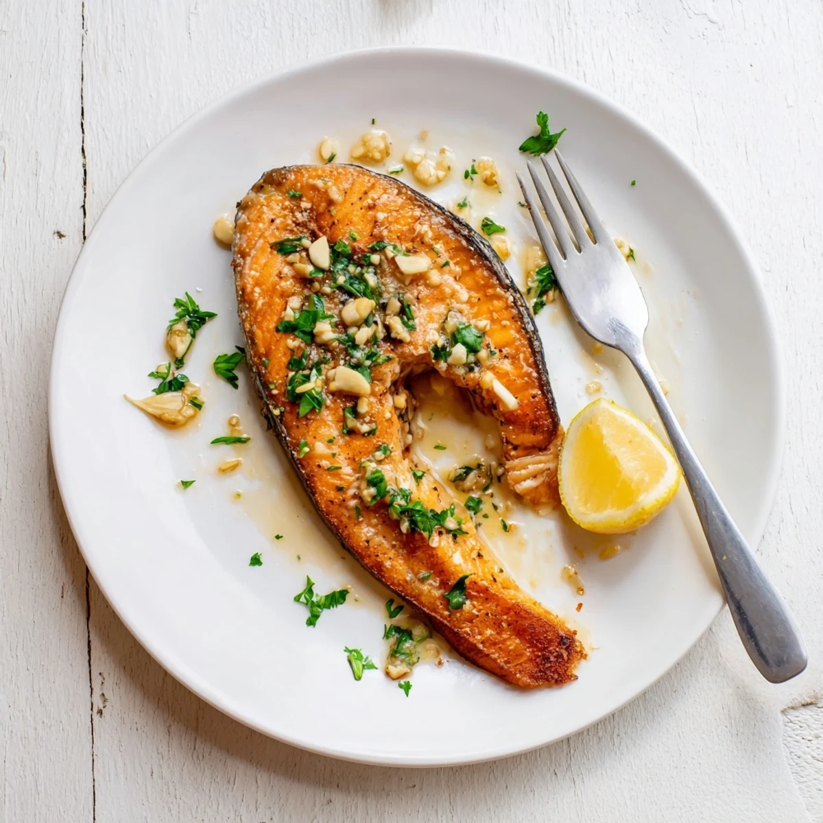 Crispy skinned salmon fillets drizzled with aromatic garlic butter sauce on a white plate