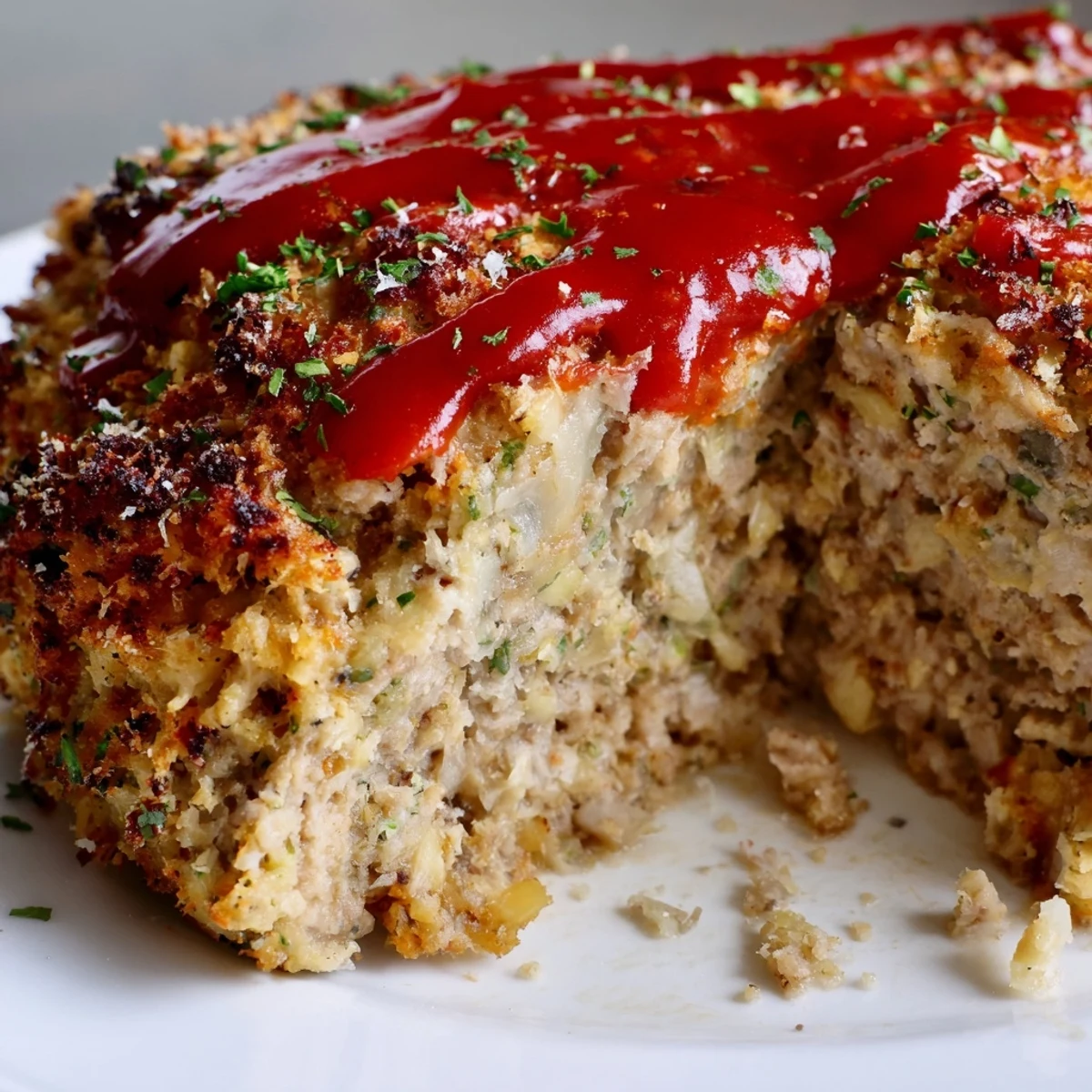 Savory Parmesan crusted turkey meatloaf with ketchup glaze and fresh parsley garnish
