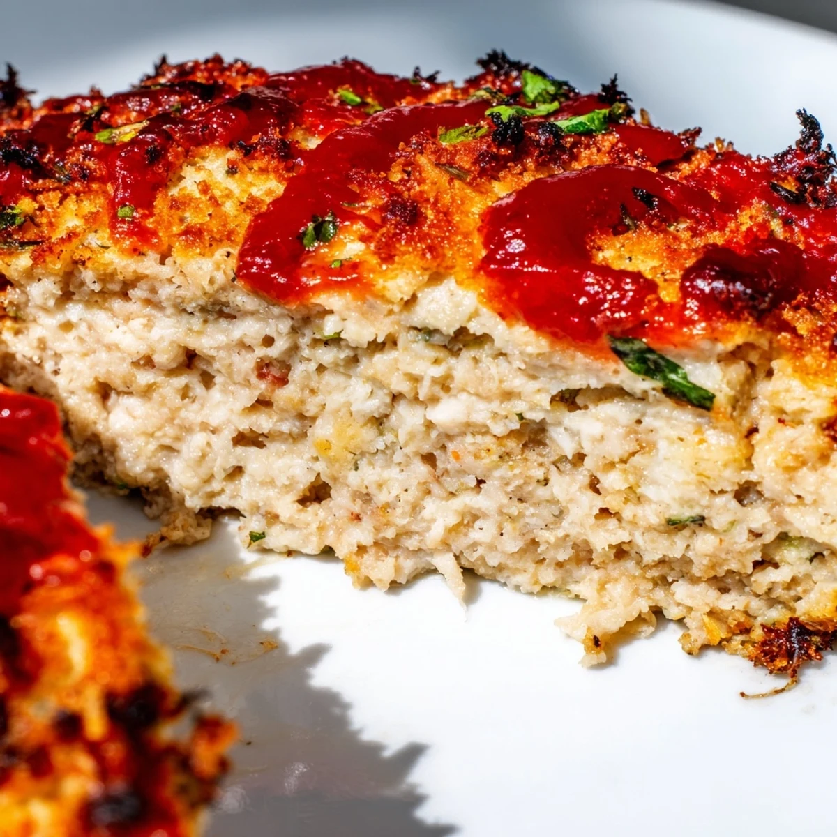 Golden Parmesan crusted turkey meatloaf sliced on a white serving platter