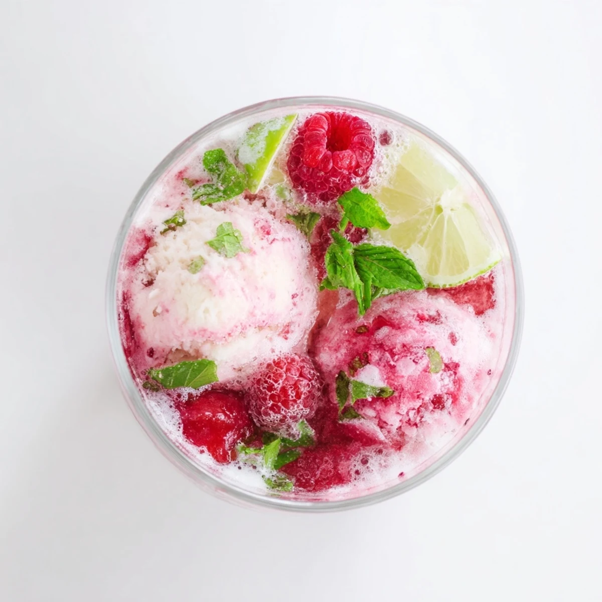 Refreshing Raspberry Mint Mojito Rebel Float with vanilla ice cream and mint garnish in tall glass
