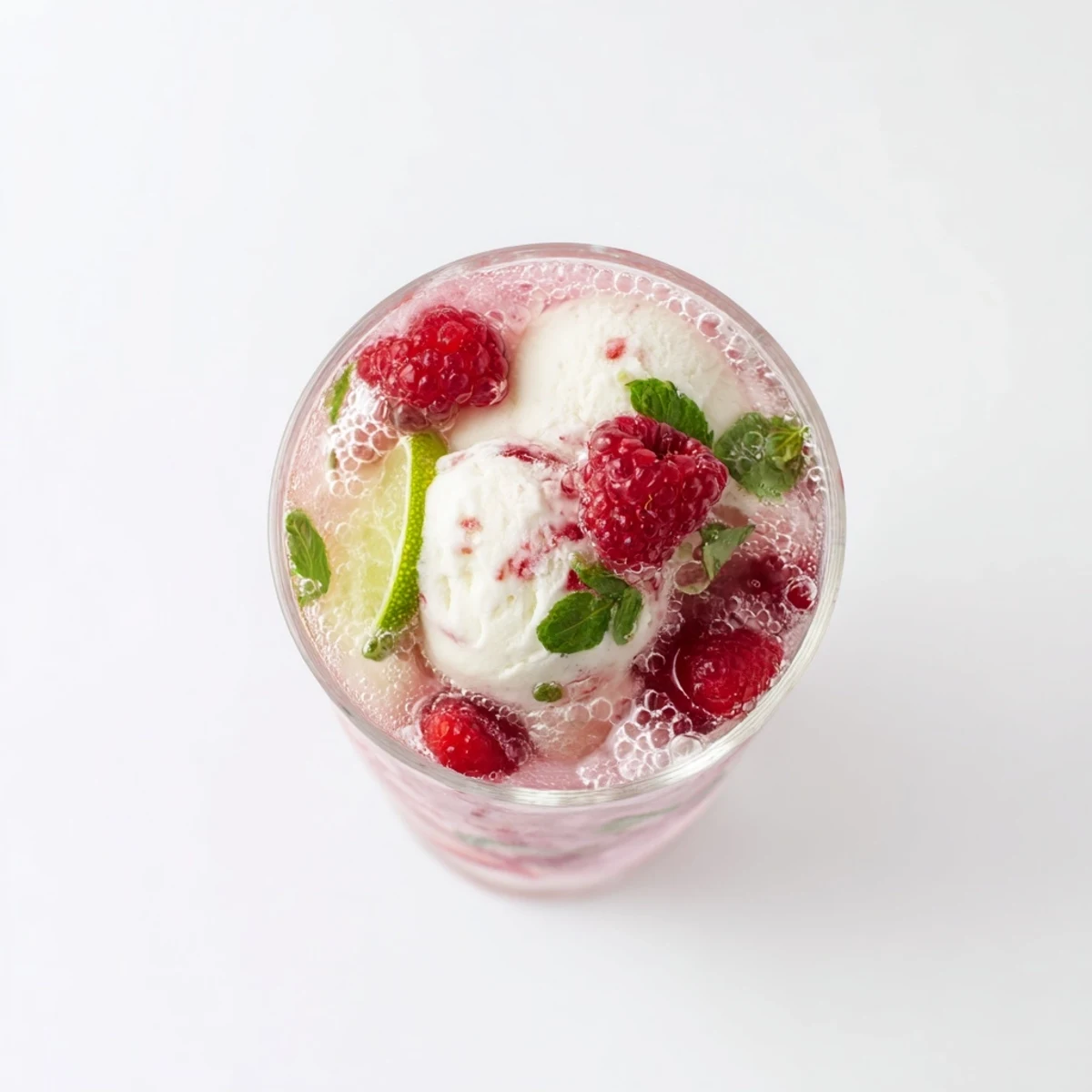 Tall glass showcasing layered raspberry mint mojito float with creamy vanilla scoop and fizzy soda bubbles